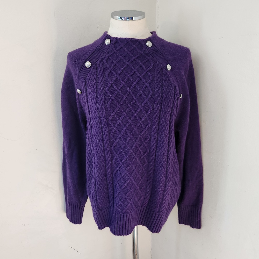 Talbots Vivid Purple Cable Knit Sweater Silver Shoulder Buttons Large